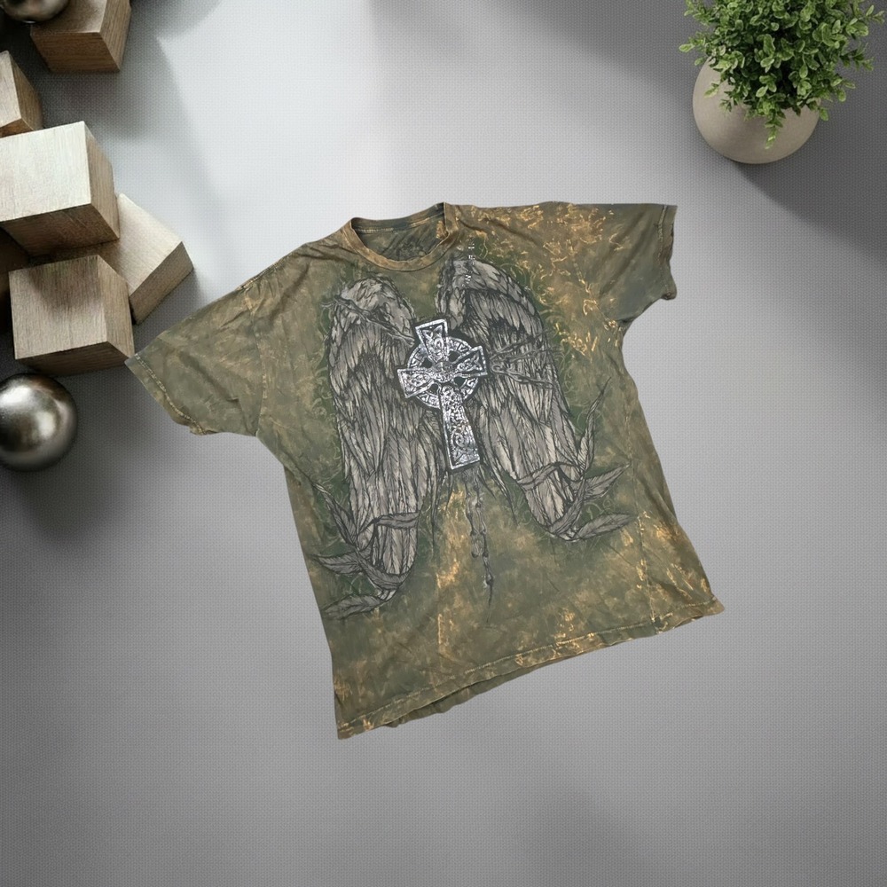 Vintage Ring of Fire XL Green Acid Wash Angel Wings Celtic Cross Graphic Tee Y2K